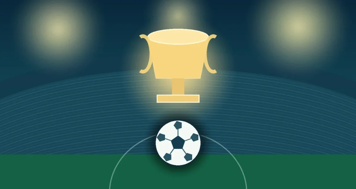 Ilustración de un estadio nocturno con un trofeo y un balón de fútbol