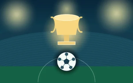 Ilustración de un estadio nocturno con un trofeo y un balón de fútbol