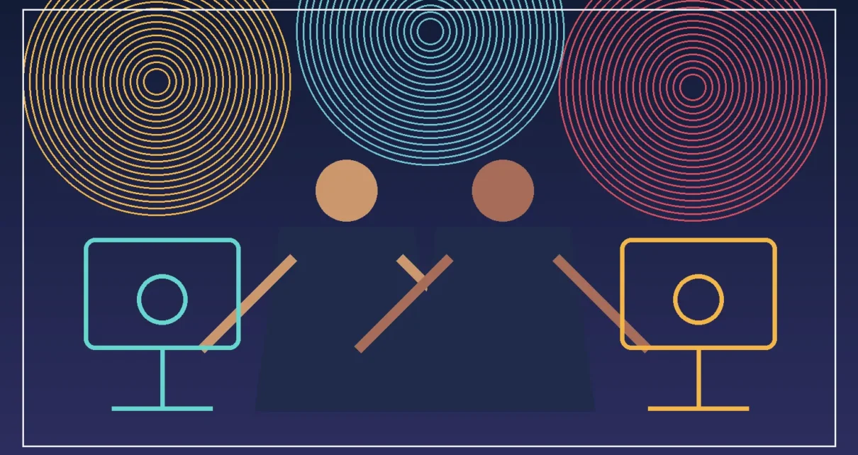 Ilustración editorial de una producción televisiva latina con cámaras y luces de estudio