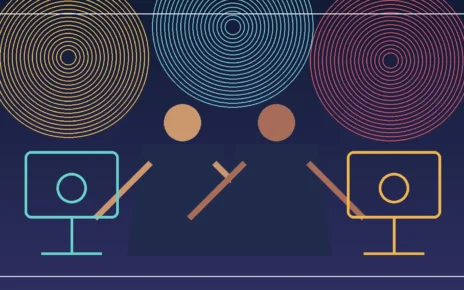 Ilustración editorial de una producción televisiva latina con cámaras y luces de estudio