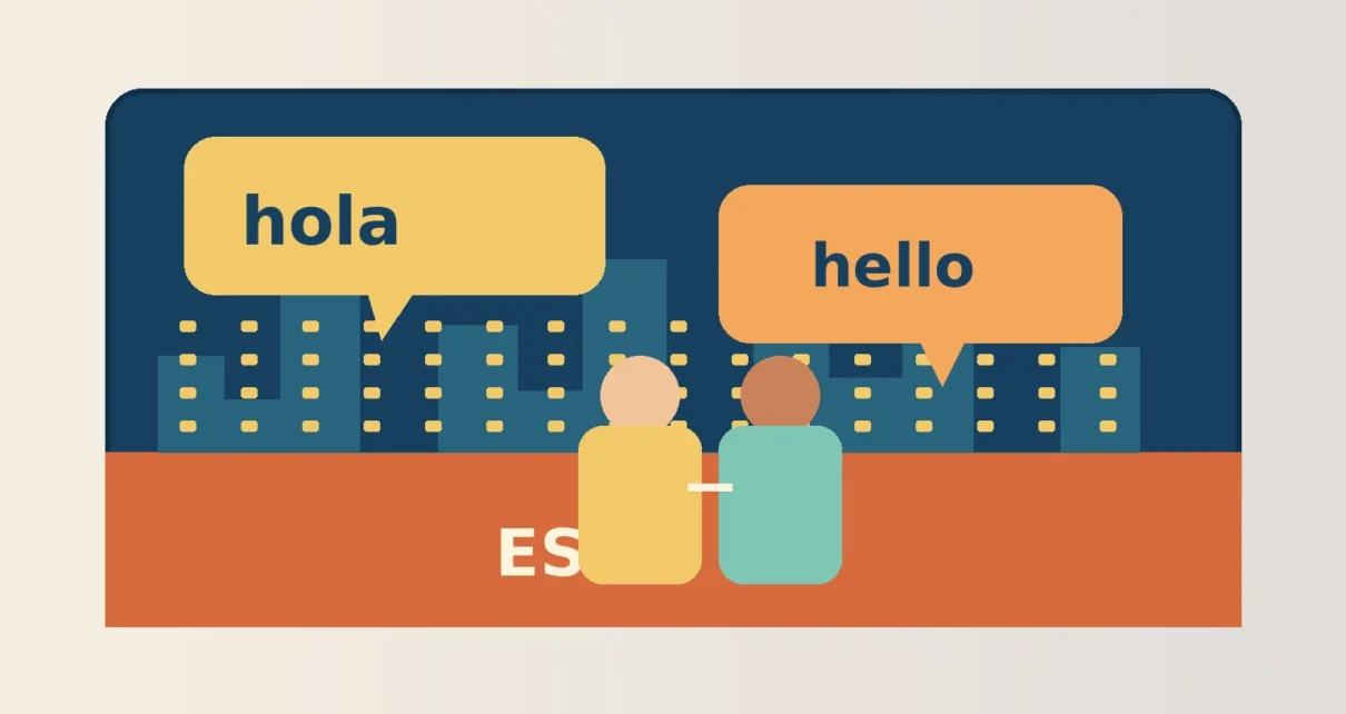 Ilustración de dos personas conversando con las palabras hola y hello sobre un paisaje urbano de Los Ángeles