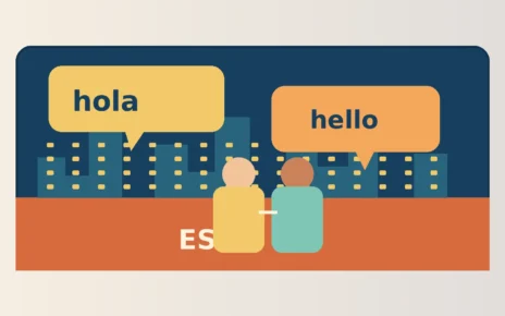 Ilustración de dos personas conversando con las palabras hola y hello sobre un paisaje urbano de Los Ángeles