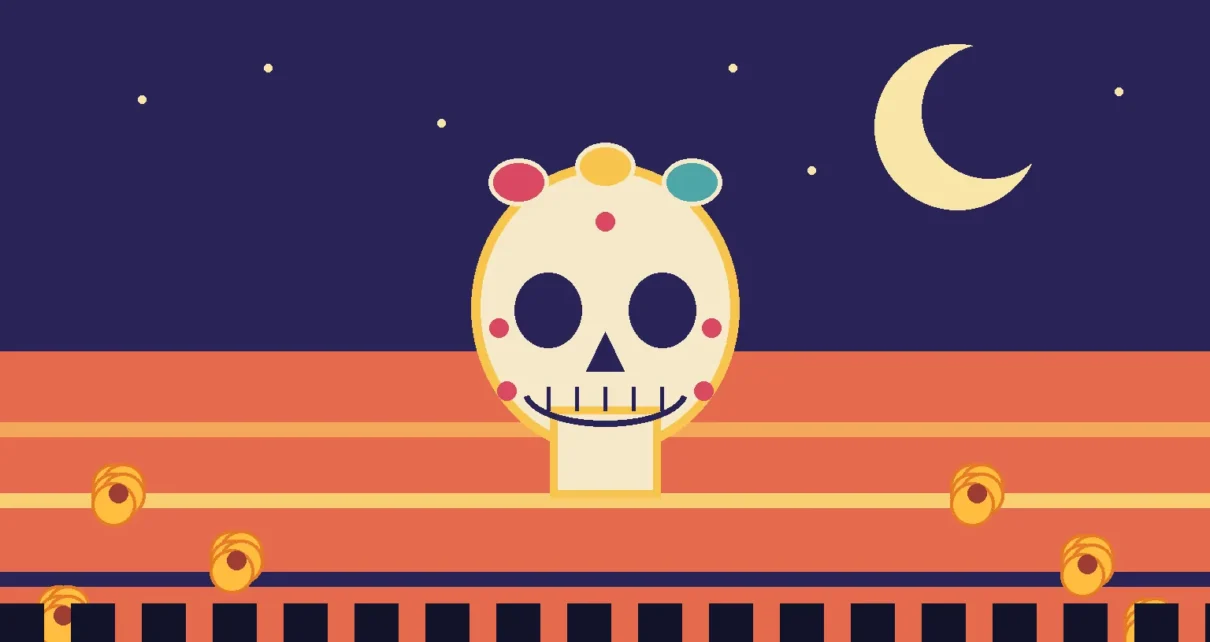 Ilustración de una calavera de azúcar bajo la luna para una obra familiar de Día de Muertos