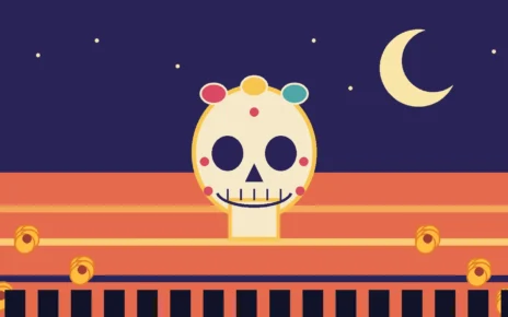Ilustración de una calavera de azúcar bajo la luna para una obra familiar de Día de Muertos