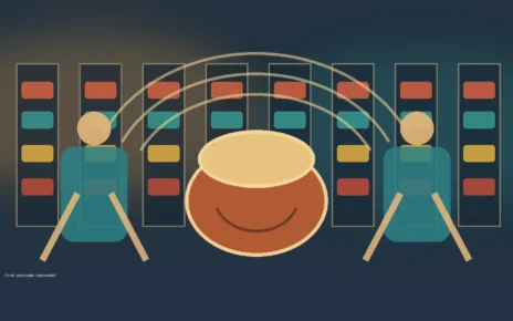 Ilustración de un tambor y figuras abstractas en una biblioteca que representan talleres de canto, percusión y comunidad en Los Ángeles