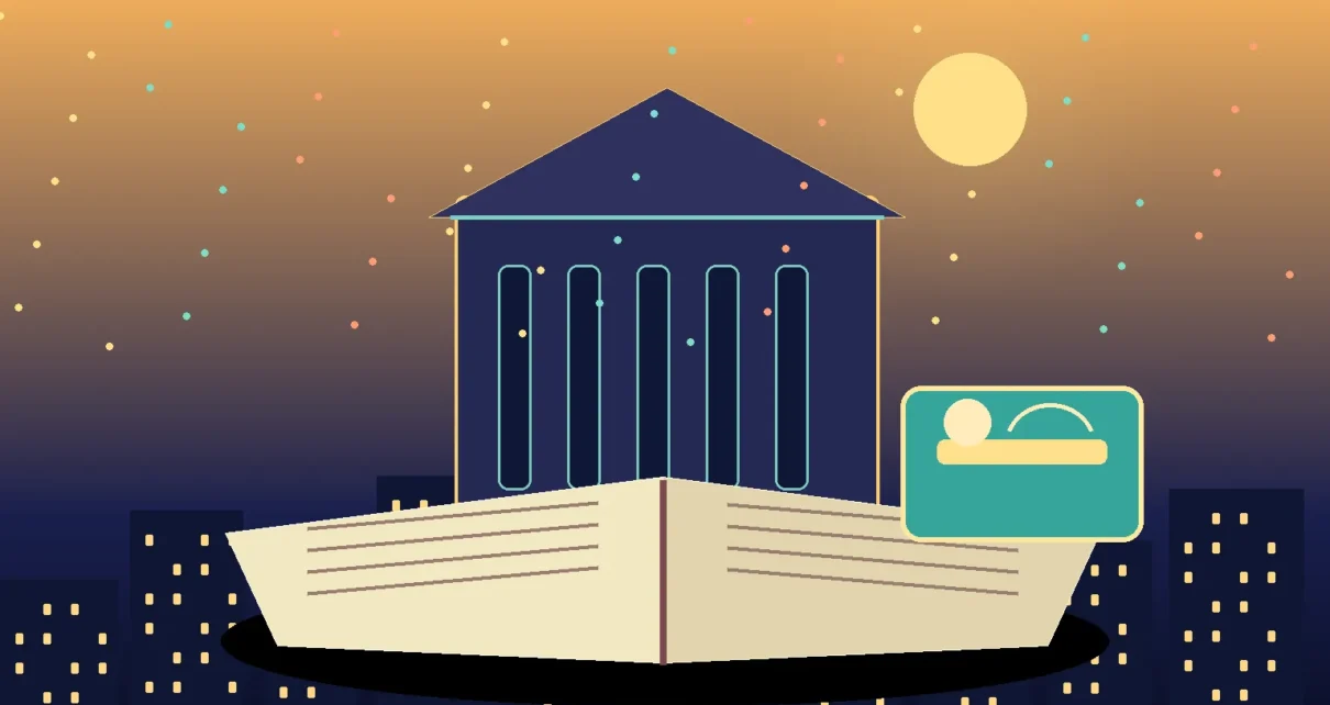 Ilustración de una biblioteca, un libro abierto y una tarjeta en Los Ángeles