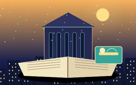 Ilustración de una biblioteca, un libro abierto y una tarjeta en Los Ángeles