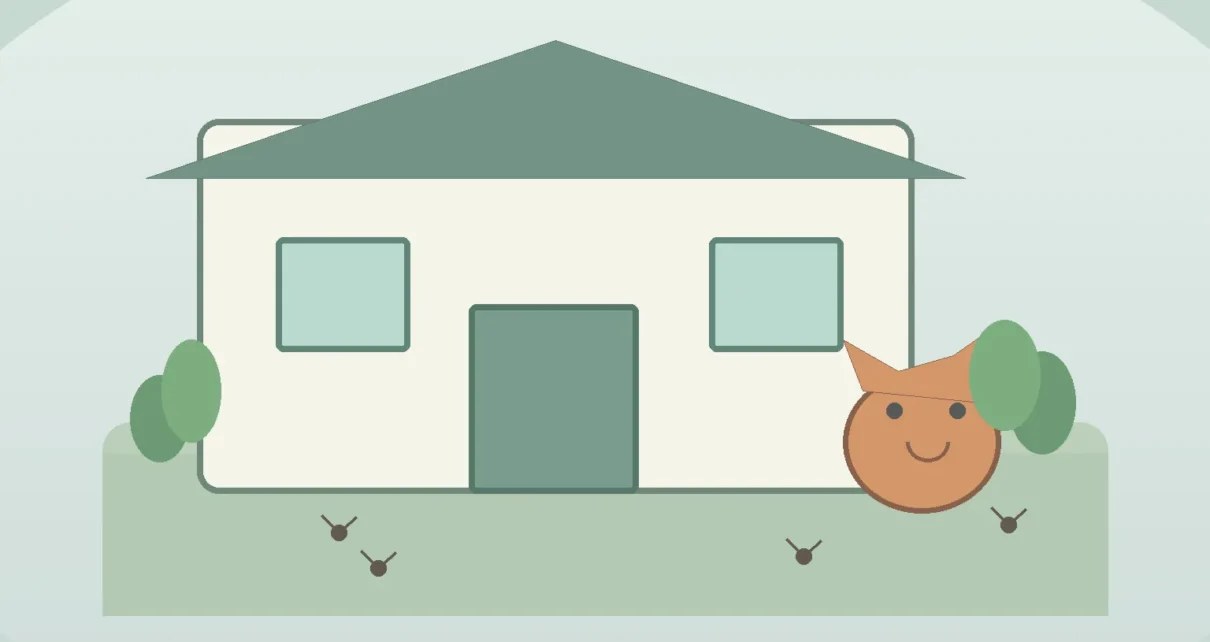 Ilustración de una casa, un gato y pulgas simbólicas para explicar la prevención del tifus murino