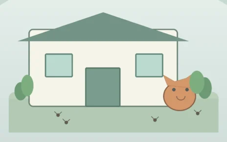 Ilustración de una casa, un gato y pulgas simbólicas para explicar la prevención del tifus murino