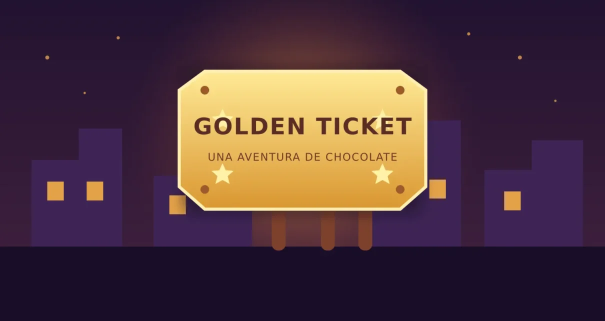 Boleto dorado frente a una fábrica de chocolate ilustrada