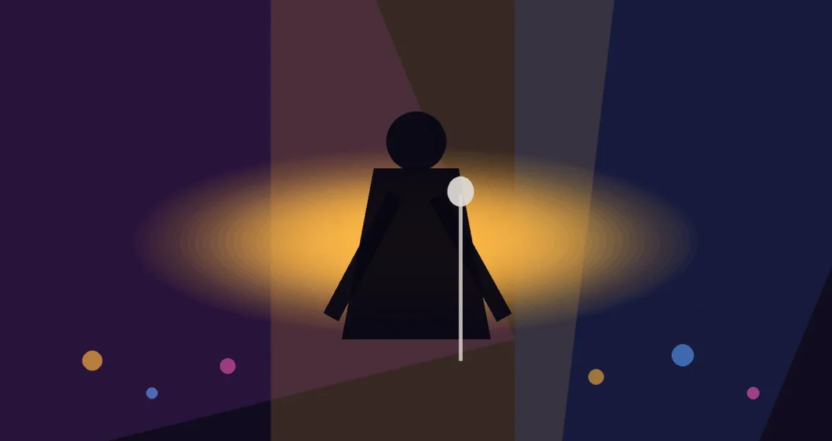 Ilustración de un escenario de concierto con un micrófono, luces doradas y la silueta abstracta de un intérprete de música urbana.
