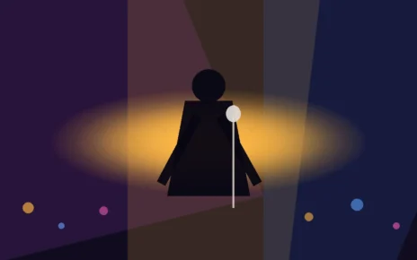 Ilustración de un escenario de concierto con un micrófono, luces doradas y la silueta abstracta de un intérprete de música urbana.