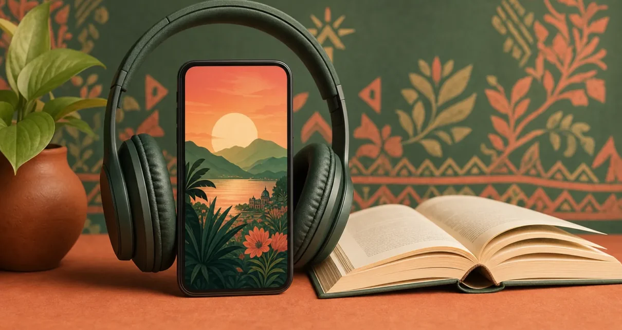 Teléfono con audífonos junto a un libro abierto para representar los audiolibros en español