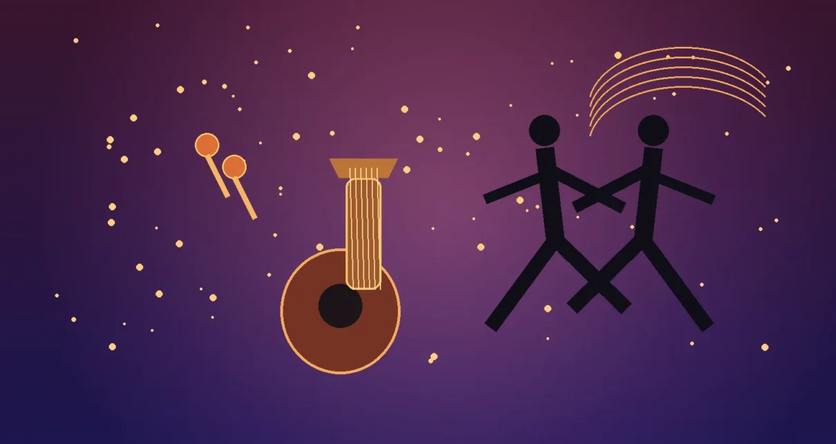 Ilustración editorial de una guitarra y dos figuras bailando bachata