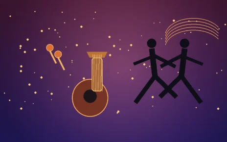 Ilustración editorial de una guitarra y dos figuras bailando bachata