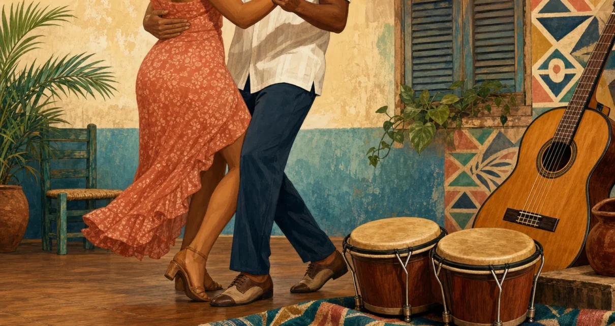 Pareja bailando bachata junto a una guitarra y un bongó