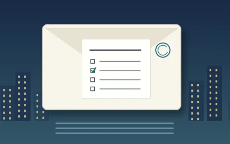 Ilustración de un sobre de votación por correo con una boleta marcada y el perfil urbano de Los Ángeles