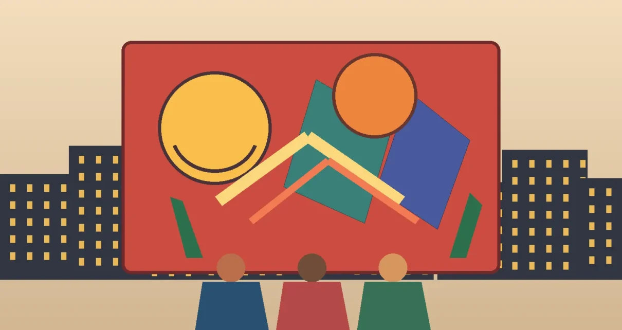 Ilustración editorial de un mural comunitario con figuras abstractas y tres personas frente a un paisaje urbano