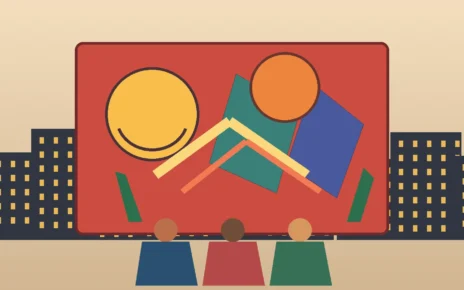 Ilustración editorial de un mural comunitario con figuras abstractas y tres personas frente a un paisaje urbano