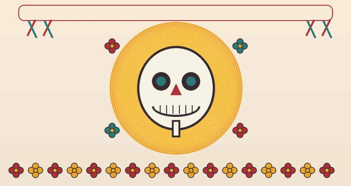 Ilustración editorial de una calavera decorada con flores de cempasúchil