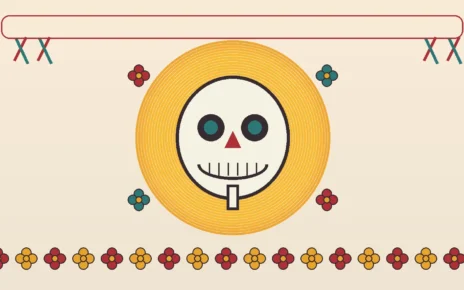 Ilustración editorial de una calavera decorada con flores de cempasúchil