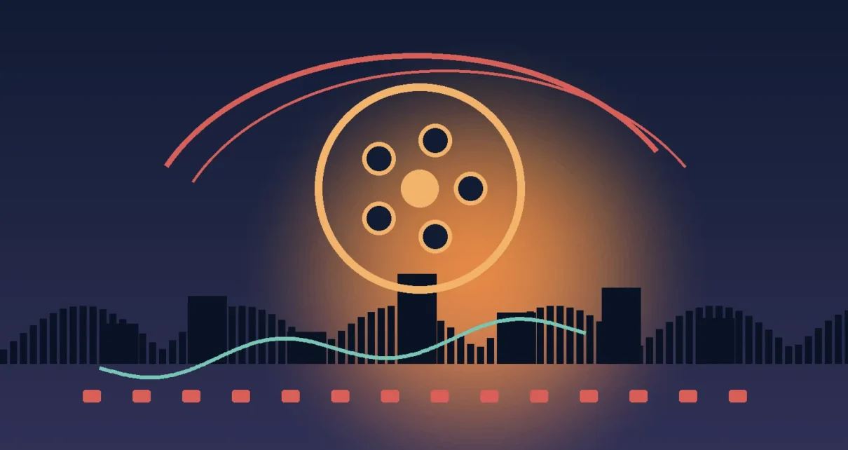 Ilustración de un carrete de cine frente a un horizonte urbano