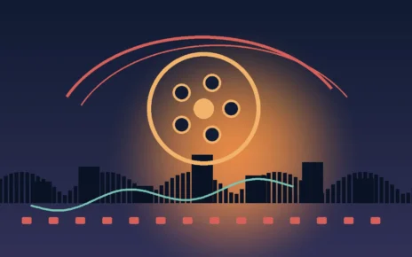 Ilustración de un carrete de cine frente a un horizonte urbano