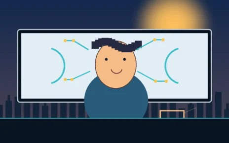 Ilustración de un intérprete sintético frente a un anuncio y ondas digitales en California