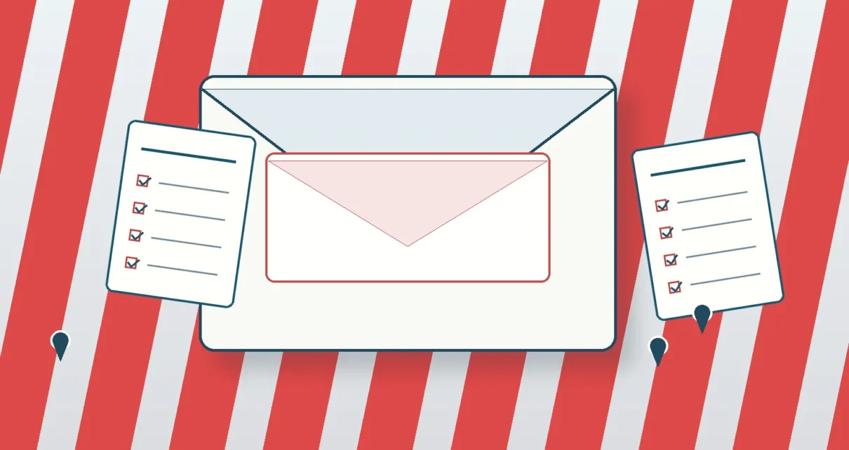Sobre de devolución y boletas de voto por correo sobre un fondo inspirado en California