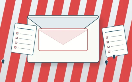 Sobre de devolución y boletas de voto por correo sobre un fondo inspirado en California