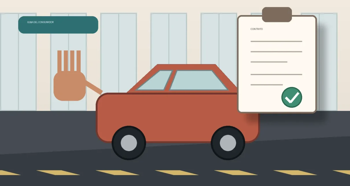 Persona revisando un contrato de compra junto a un auto usado