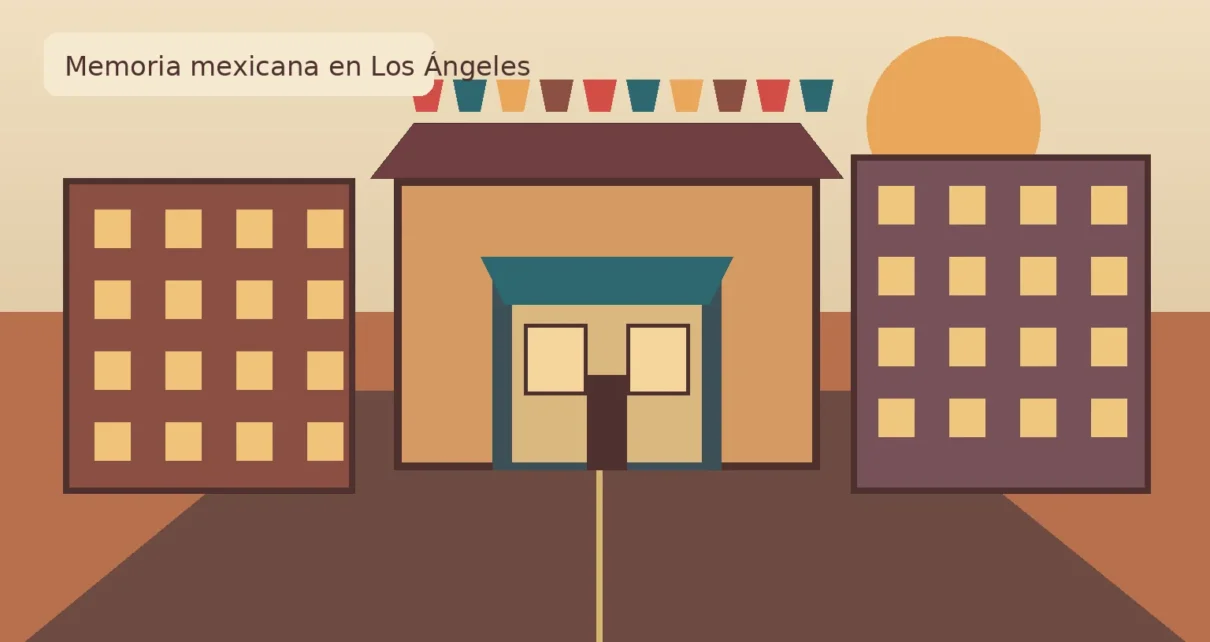 Ilustración editorial de una calle histórica del centro de Los Ángeles con arquitectura de inspiración mexicana