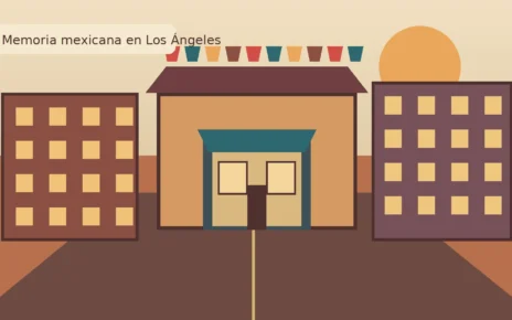 Ilustración editorial de una calle histórica del centro de Los Ángeles con arquitectura de inspiración mexicana