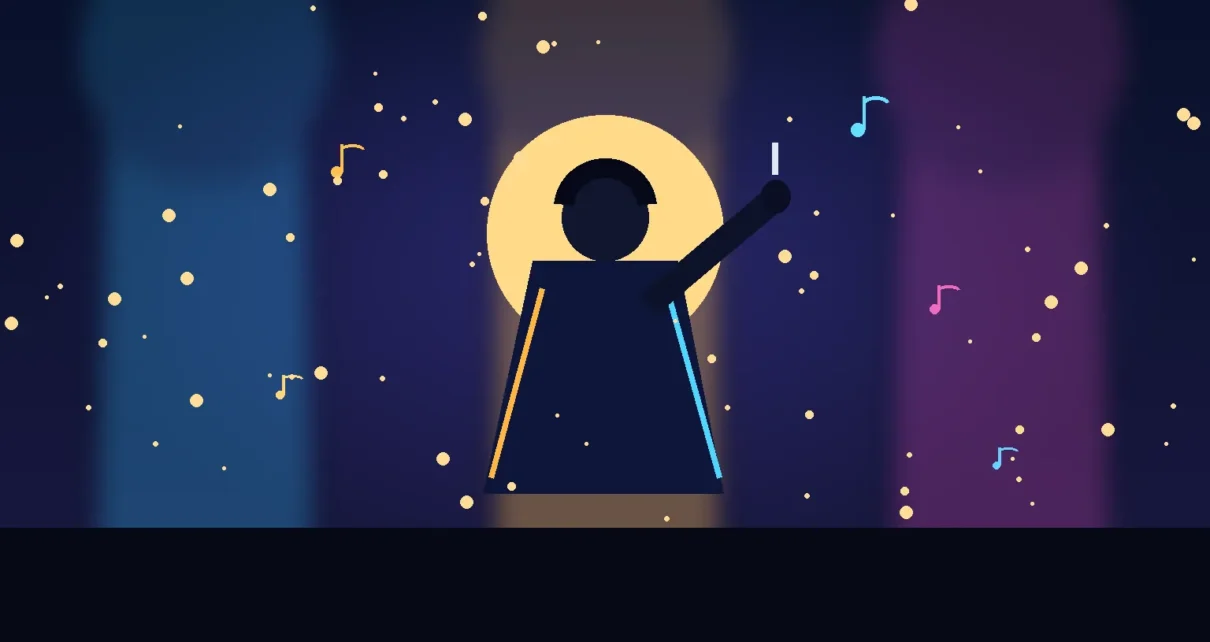 Ilustración editorial de un concierto con un cantante en silueta frente a luces de escenario