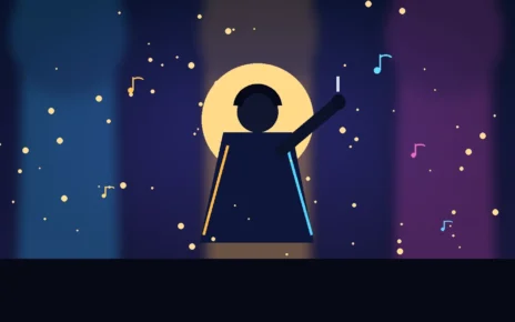 Ilustración editorial de un concierto con un cantante en silueta frente a luces de escenario