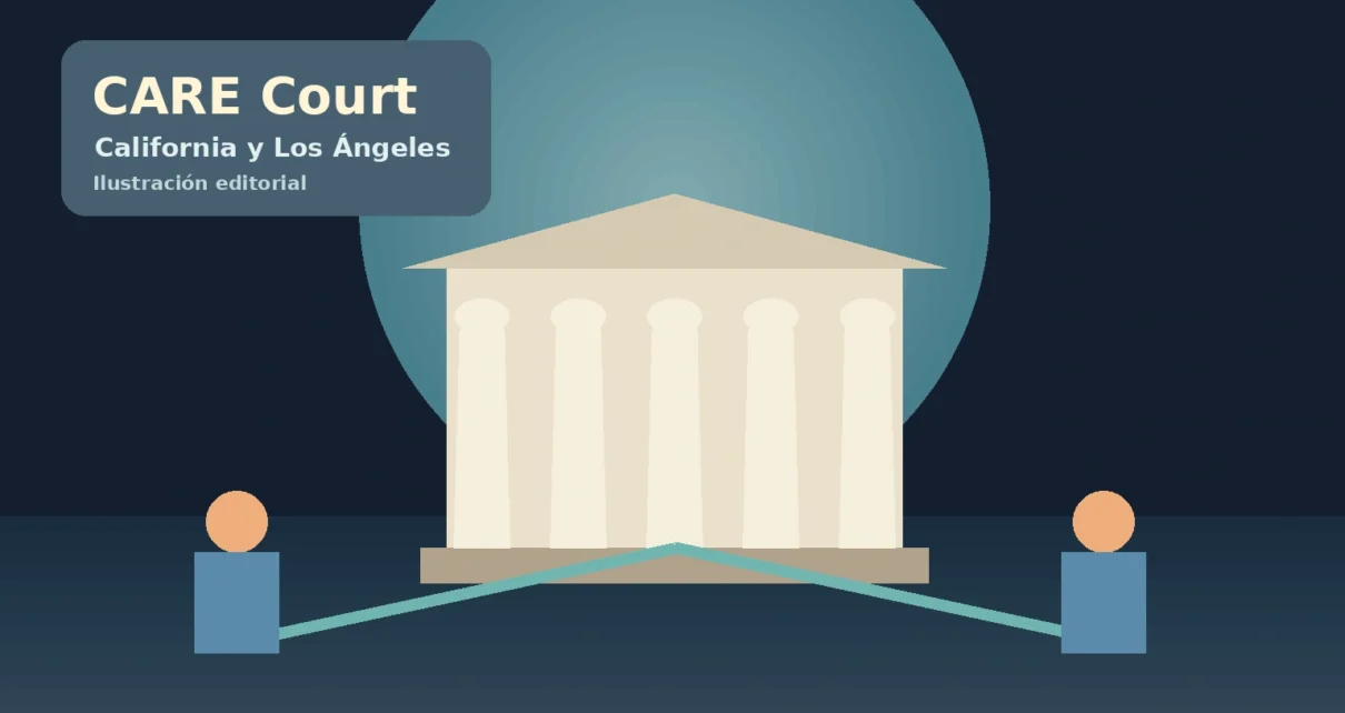 Ilustración editorial de CARE Court con un tribunal y dos rutas de apoyo comunitario en California