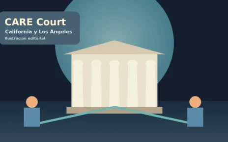 Ilustración editorial de CARE Court con un tribunal y dos rutas de apoyo comunitario en California