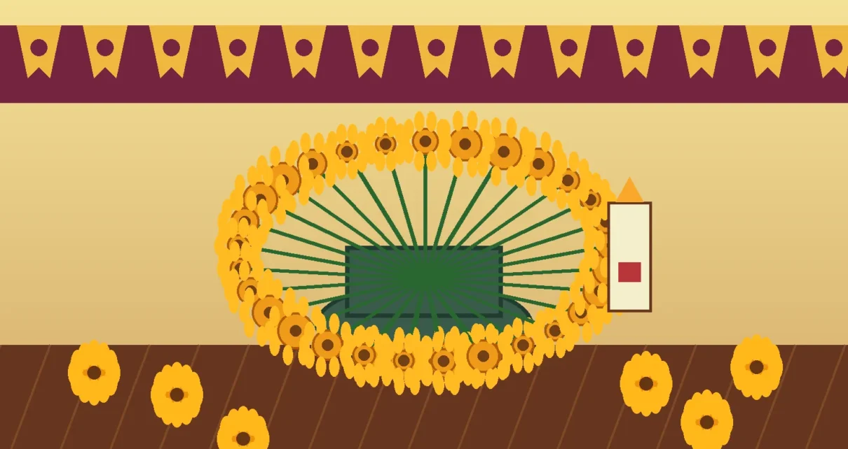 Flores de cempasúchil alrededor de una ofrenda ilustrada de Día de Muertos
