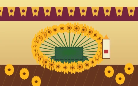 Flores de cempasúchil alrededor de una ofrenda ilustrada de Día de Muertos