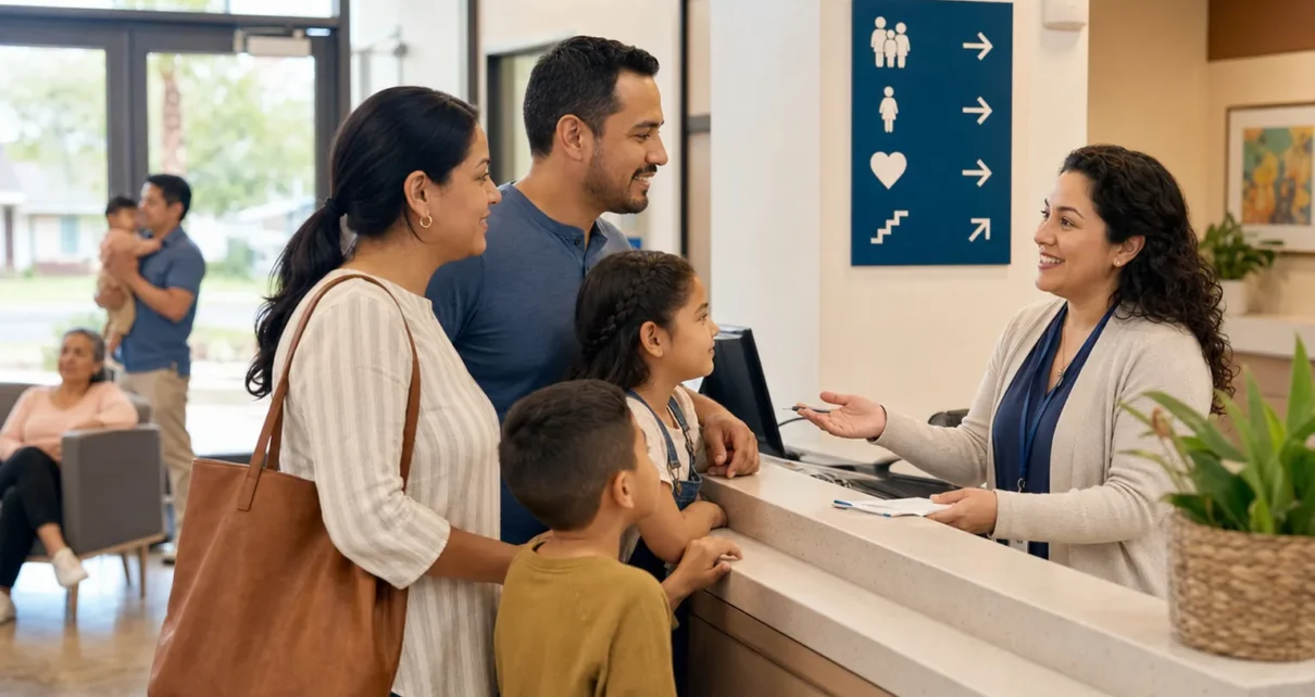 Familia latina conversa con una orientadora bilingüe en la recepción de un centro de salud comunitario