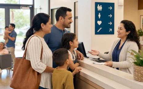 Familia latina conversa con una orientadora bilingüe en la recepción de un centro de salud comunitario