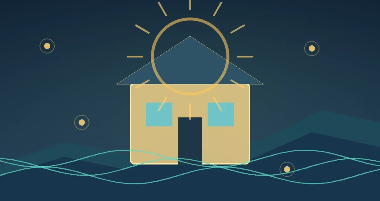 Ilustración de una vivienda iluminada con ondas de energía y un sol abstracto
