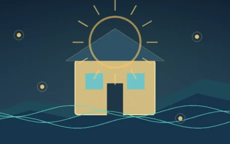 Ilustración de una vivienda iluminada con ondas de energía y un sol abstracto