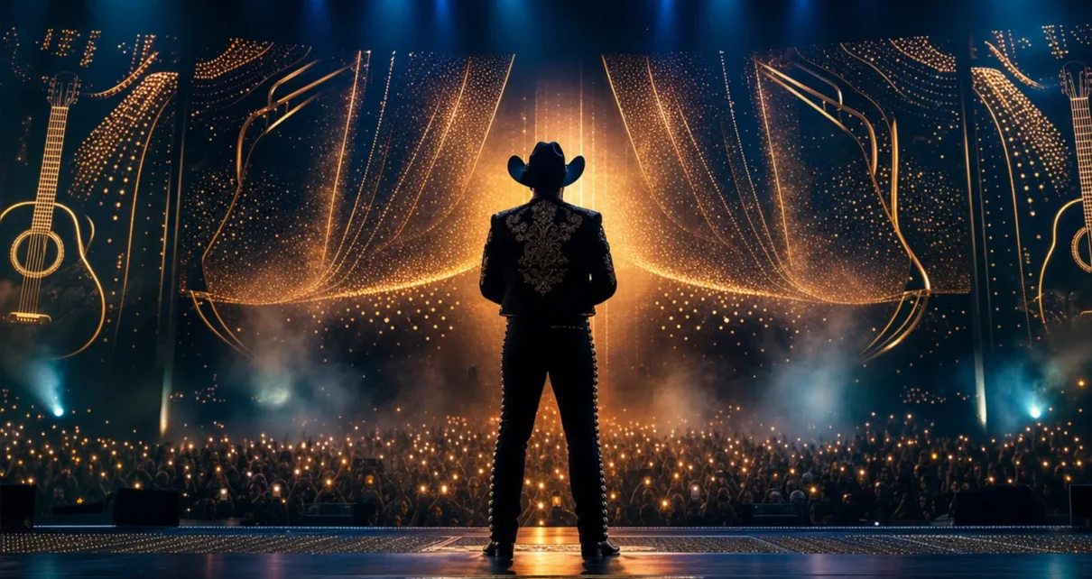 Silueta de un cantante de música regional mexicana ante un escenario iluminado