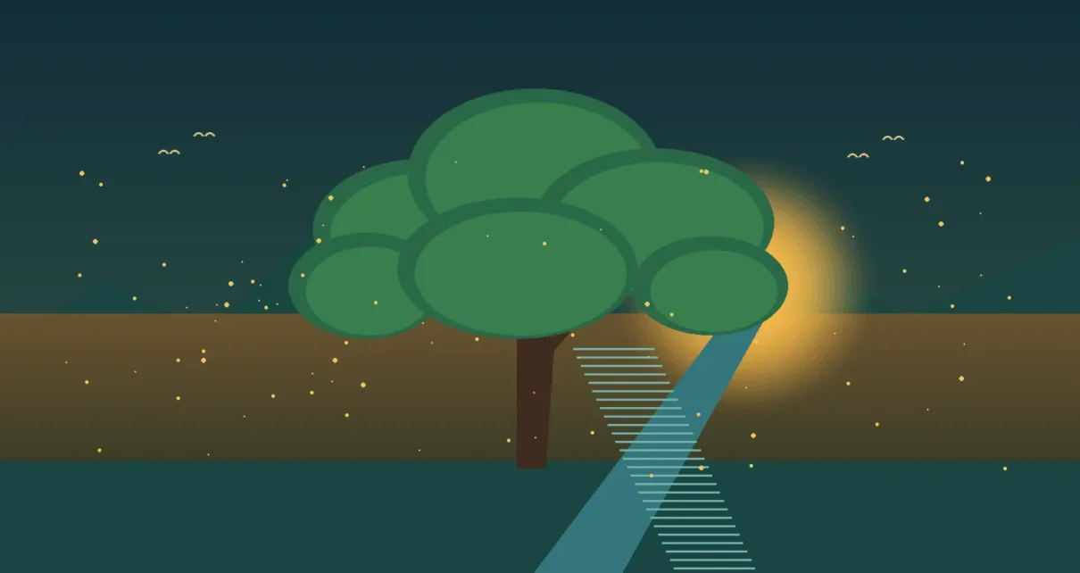 Ilustración de un árbol tropical y un río al atardecer, inspirada en el paisaje colombiano