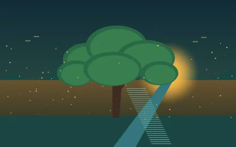 Ilustración de un árbol tropical y un río al atardecer, inspirada en el paisaje colombiano
