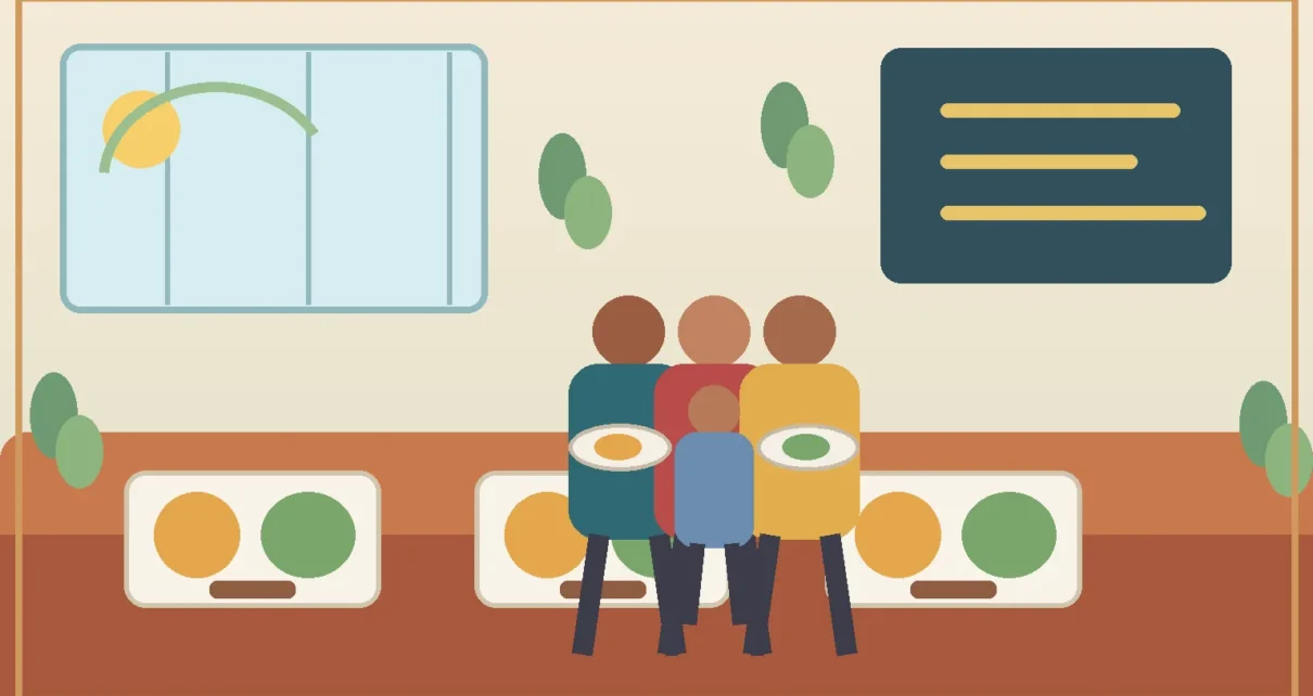 Familia y estudiantes frente a bandejas de desayuno y almuerzo en una cafetería escolar