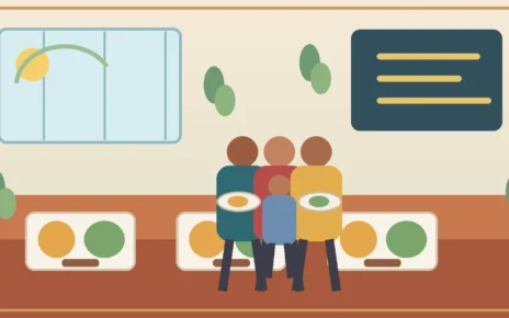 Familia y estudiantes frente a bandejas de desayuno y almuerzo en una cafetería escolar
