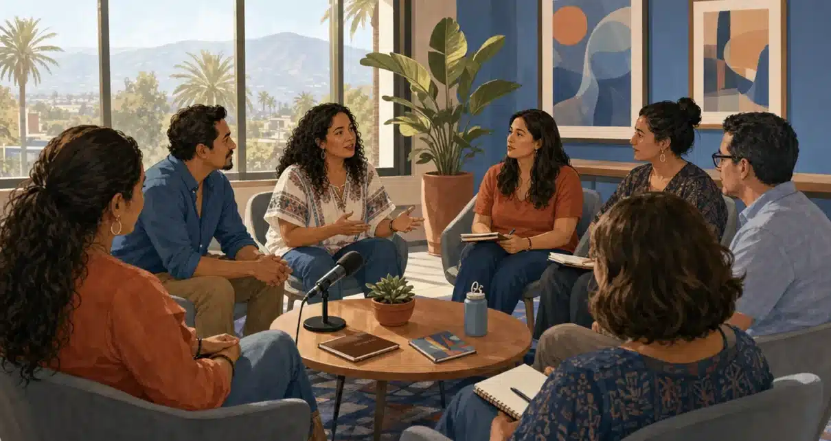 Personas latinas conversan en círculo durante una actividad comunitaria en una sala universitaria