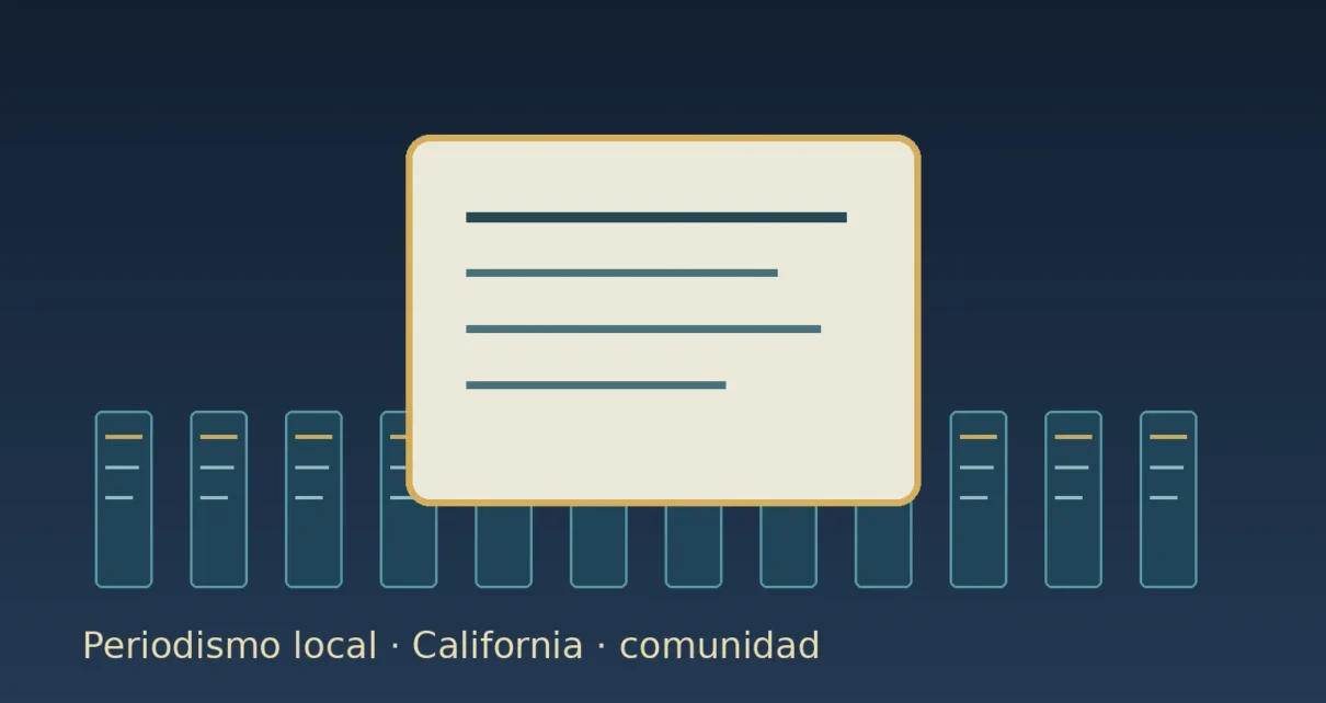 Ilustración de documentos y edificios que representan el periodismo local en California